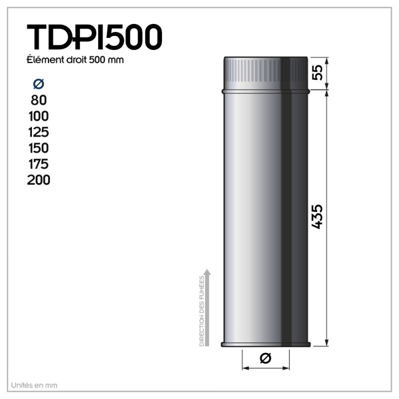 TDPI500 Conduit double paroi isolé polycombustible longueur 50 cm