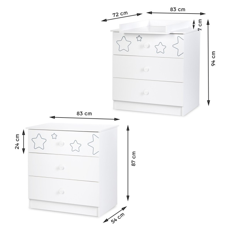 TINO commode à langer 3 tiroirs + plan à langer amovible motif étoiles